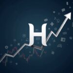 Logo fotorrealista de Hedera HBAR en el centro, con gráfico de precio plano y iconos sociales arriba, ilustrando hype sin liquidez.