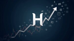 Logo fotorrealista de Hedera HBAR en el centro, con gráfico de precio plano y iconos sociales arriba, ilustrando hype sin liquidez.
