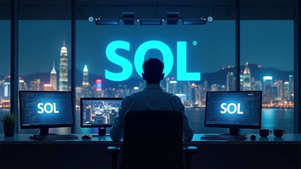 Trader en una sala de operaciones con pantallas que muestran SOL, skyline de Hong Kong, señalando el ETF spot de Solana.