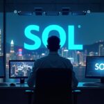 Trader en una sala de operaciones con pantallas que muestran SOL, skyline de Hong Kong, señalando el ETF spot de Solana.