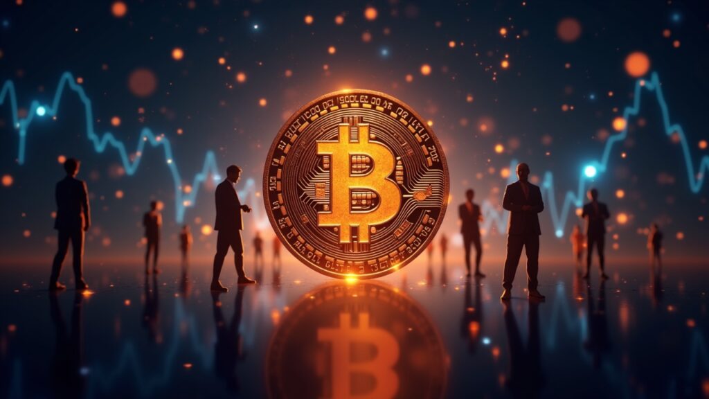 Central HYPE token with on-chain order book, liquidity charts, and Wall Street silhouettes signaling institutional demand.