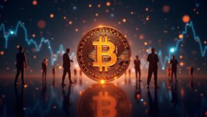 Central HYPE token with on-chain order book, liquidity charts, and Wall Street silhouettes signaling institutional demand.