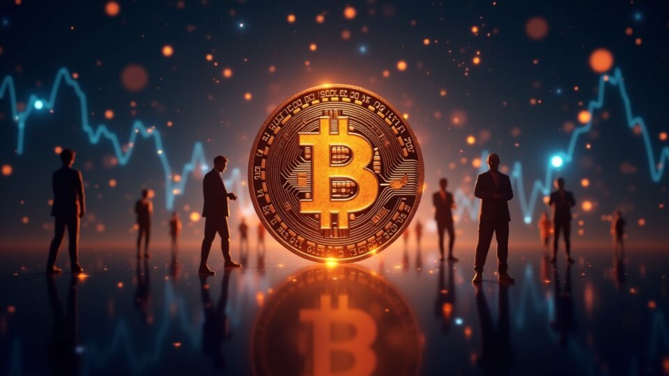 Central HYPE token with on-chain order book, liquidity charts, and Wall Street silhouettes signaling institutional demand.