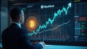 Analista trajeado ante gráfico holográfico de Bitcoin y curva de activos en alza, branding IBIT de BlackRock.