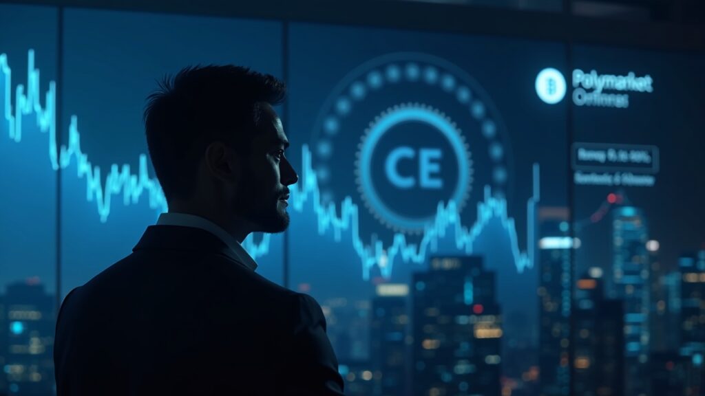 Primer plano de un ejecutivo confiado ante un tablero iluminado de Polymarket y el logo de ICE, ciudad futurista.