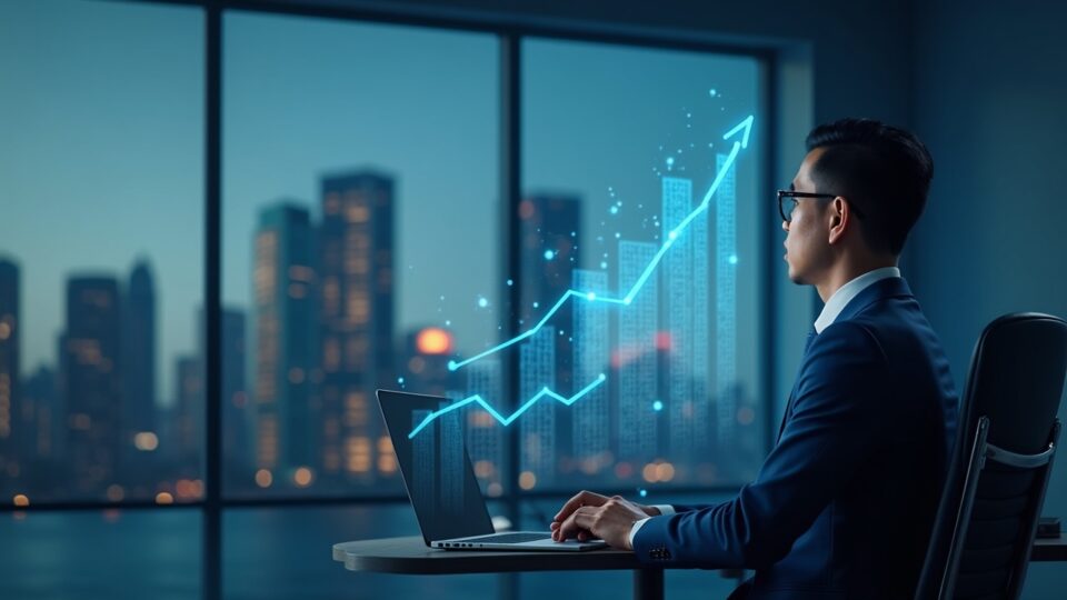 Ejecutivo indonesio en oficina moderna con gráficos holográficos de blockchain y skyline, simbolizando crecimiento y regulación cripto.