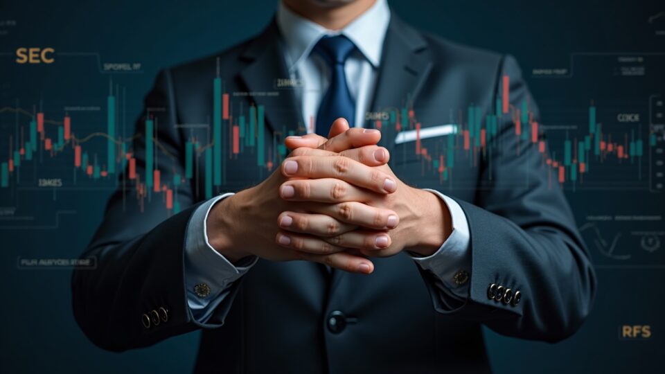 Inversor de traje sobre gráficos de acciones y granjas de minería de Bitcoin, con una insignia de la SEC al fondo.