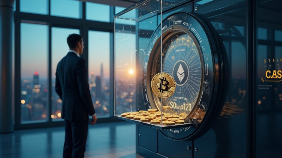 Profesional financiero observa flujos de Bitcoin, Ethereum y Solana entrando a una bóveda ETF de vidrio, con skyline urbano.