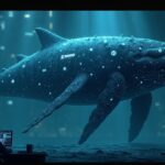 Ballena cripto gigante rodeada de 100,000 BTC, datos en cadena y brillo de staking ETH, con guiño a BitForex.