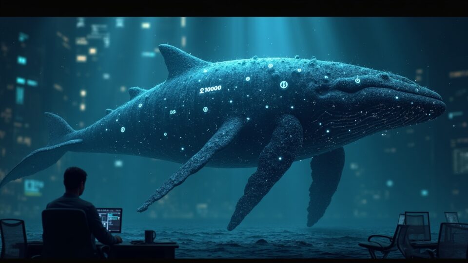 Ballena cripto gigante rodeada de 100,000 BTC, datos en cadena y brillo de staking ETH, con guiño a BitForex.