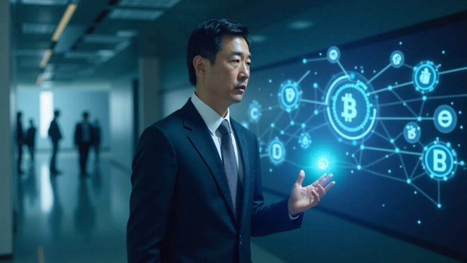 Encabezado fotorrealista de un líder japonés en traje en sala tecnológica, con iconos cripto holográficos y redes blockchain.