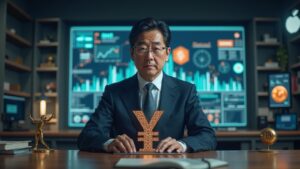 Encabezado foto realista: gabinete japonés en el centro, yen holográfico, iconos de recortes fiscales y tokens cripto.