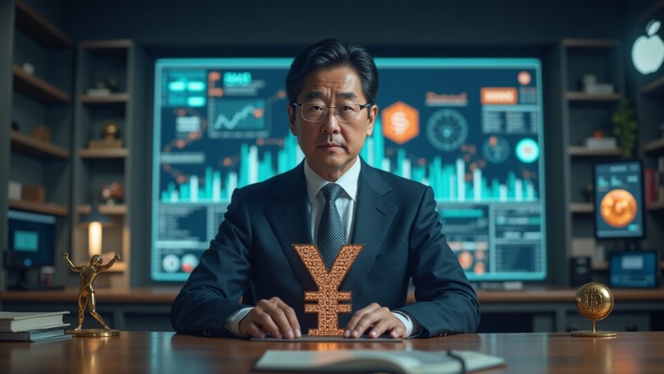 Encabezado foto realista: gabinete japonés en el centro, yen holográfico, iconos de recortes fiscales y tokens cripto.