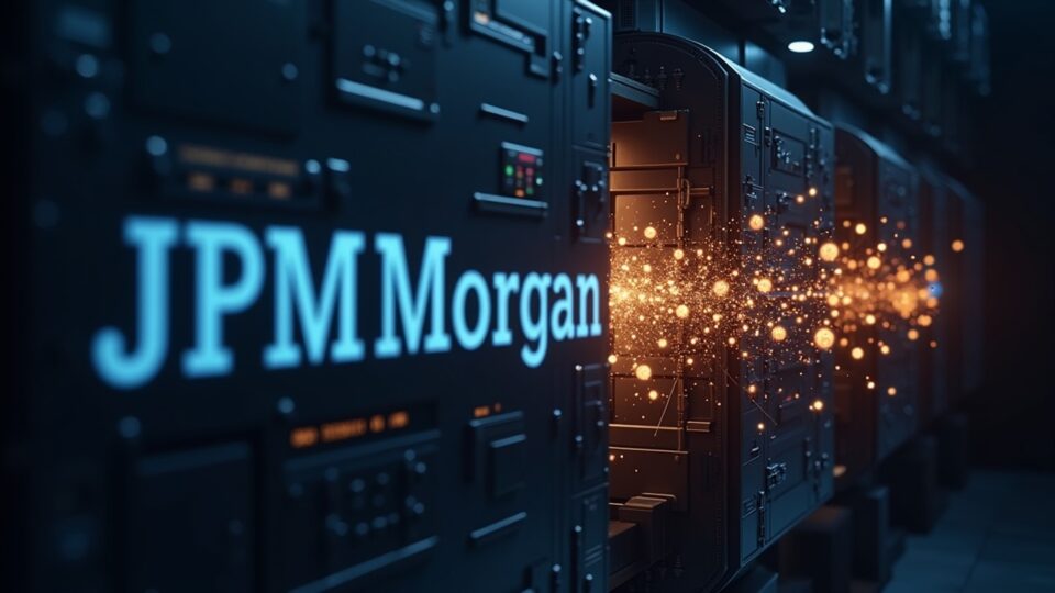 Logo de JPMorgan con nodos blockchain y flujos de tokens hacia un libro mayor digital, simbolizando tokenización.