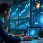 Bank executive reviews a loan collateral dashboard with BTC and ETH holograms, real-time risk metrics, and custody controls.