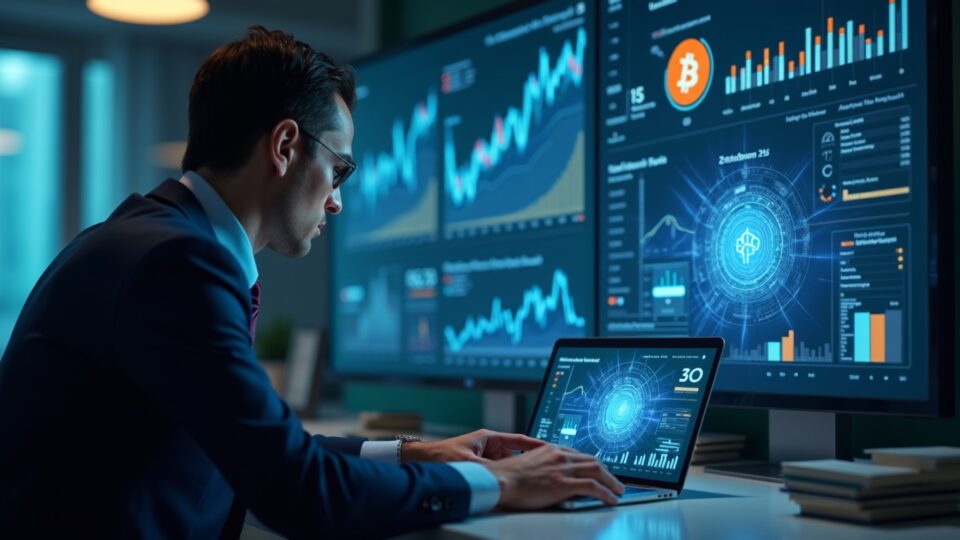 Bank executive reviews a loan collateral dashboard with BTC and ETH holograms, real-time risk metrics, and custody controls.