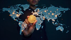 Figura central sosteniendo un token JPYC, mapa mundial con Asia destacada y símbolos del yen; pagos on-chain regulados.