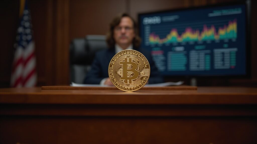 Escena de tribunal con un emblema BTC destacado en el estrado y un panel fiscal digital de fondo