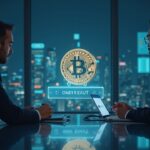 Sala de juntas fotorrealista con ejecutivo fintech, Bitcoin holográfico y nota convertible Antalpha, fondo Nasdaq.