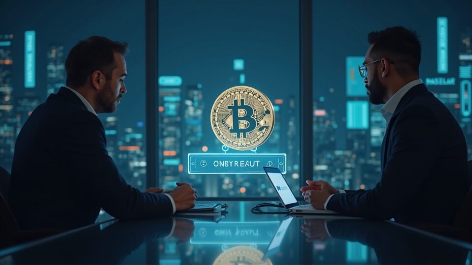 Sala de juntas fotorrealista con ejecutivo fintech, Bitcoin holográfico y nota convertible Antalpha, fondo Nasdaq.