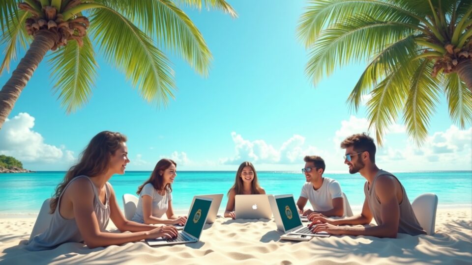 Equipo diverso de Kraken en playa caribeña trabajando en portátiles, con banners que enfatizan IPO y cohesión.