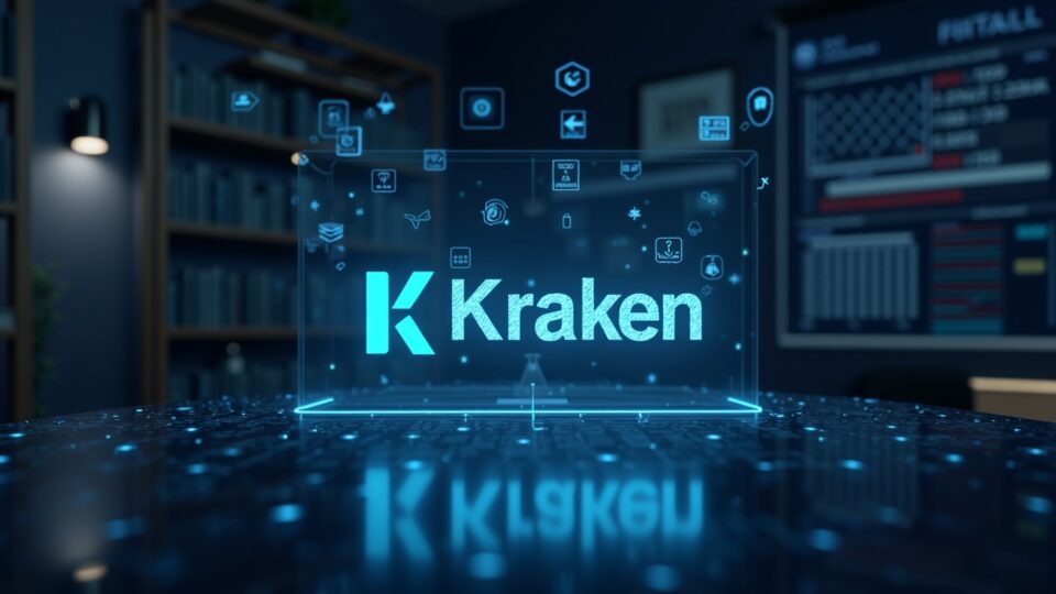 Logos de Kraken y Small Exchange en un escritorio, bandera de EE. UU. y datos holográficos de futuros; balanza CFTC suave.