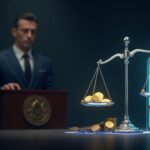 Fiscal estatal en podio, cajero cripto iluminado y balanza holográfica con CLARITY y GENIUS junto a monedas digitales.