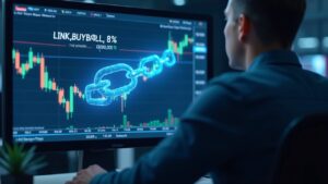 Trader cripto en sala de noticias observa gráfico de LINK 8% por debajo del soporte, logo Chainlink holográfico y BUYBACK.