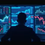Trader enfocado ante pantallas de precios de BTC y ETH, con números rojos de liquidaciones y iluminación azul