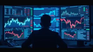 Trader enfocado ante pantallas de precios de BTC y ETH, con números rojos de liquidaciones y iluminación azul