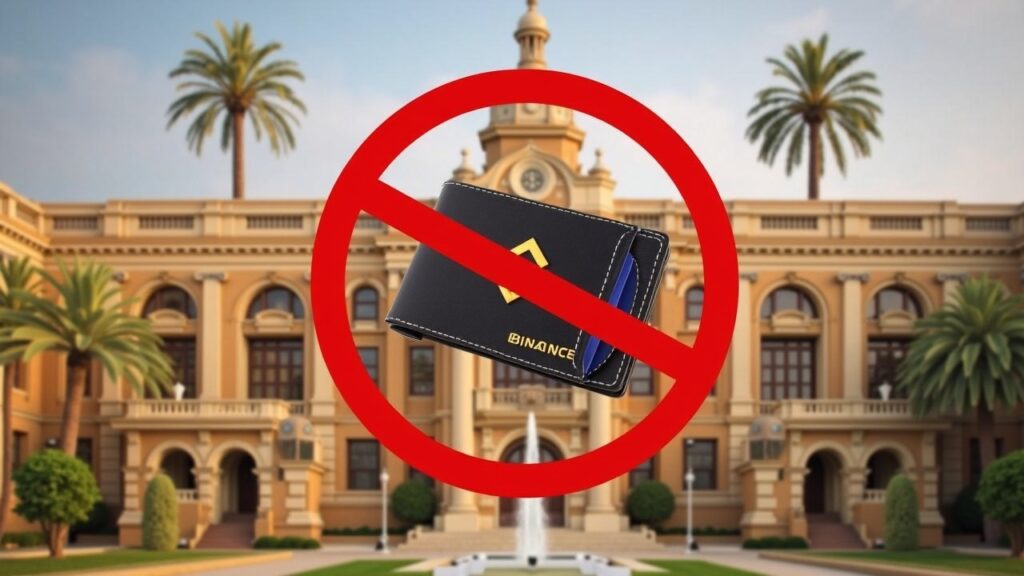 Parlamento de Malta con una wallet cripto y el logo de Binance, superposición de prohibición en rojo.