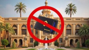 Parlamento de Malta con una wallet cripto y el logo de Binance, superposición de prohibición en rojo.