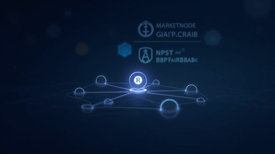 Icono de token sobre una red multicadena con Marketnode Gateway; branding de Maybank y BNP Paribas.