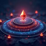 Token MEGA en el centro, fondo Ethereum con líneas de TPS neon y iconos de gobernanza y KYC