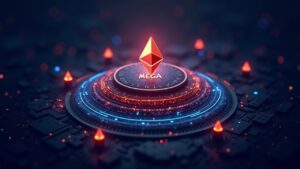 Token MEGA en el centro, fondo Ethereum con líneas de TPS neon y iconos de gobernanza y KYC