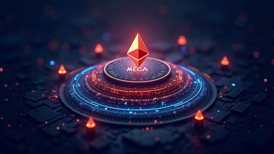 Token MEGA en el centro, fondo Ethereum con líneas de TPS neon y iconos de gobernanza y KYC