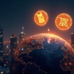 Tres monedas meme brillantes orbitan un globo digital sobre una ciudad cripto, simbolizando descentralización y volatilidad.