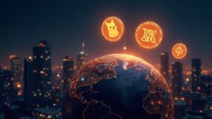 Tres monedas meme brillantes orbitan un globo digital sobre una ciudad cripto, simbolizando descentralización y volatilidad.