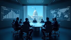 Mesa ejecutiva cripto en sala moderna, gráficos holográficos de mercado, silueta del Capitolio al fondo y pantallas con barras oscuras.