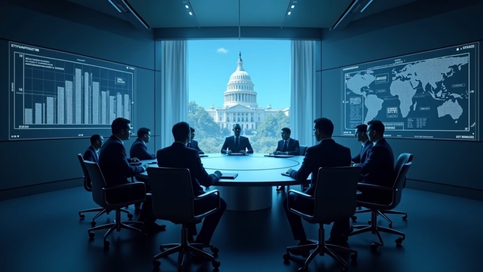 Mesa ejecutiva cripto en sala moderna, gráficos holográficos de mercado, silueta del Capitolio al fondo y pantallas con barras oscuras.