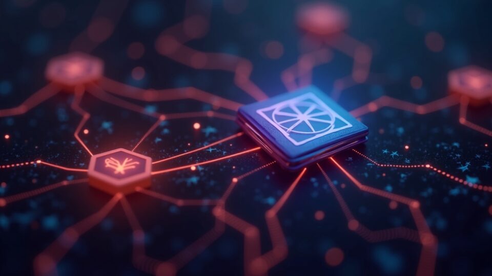 Primer plano: icono MetaMask transformándose en un token MASK, con neón y fondo desenfocado.