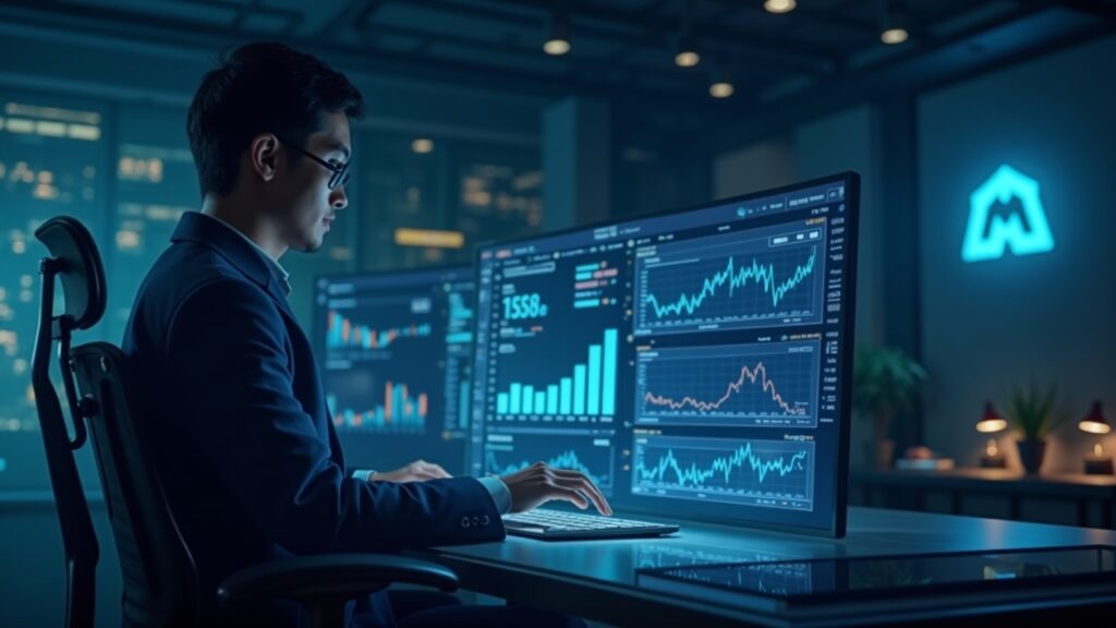 Trader central fotorealista con gráficos ENA y USDe sobre un tablero; logo de MEXC Ventures al fondo.