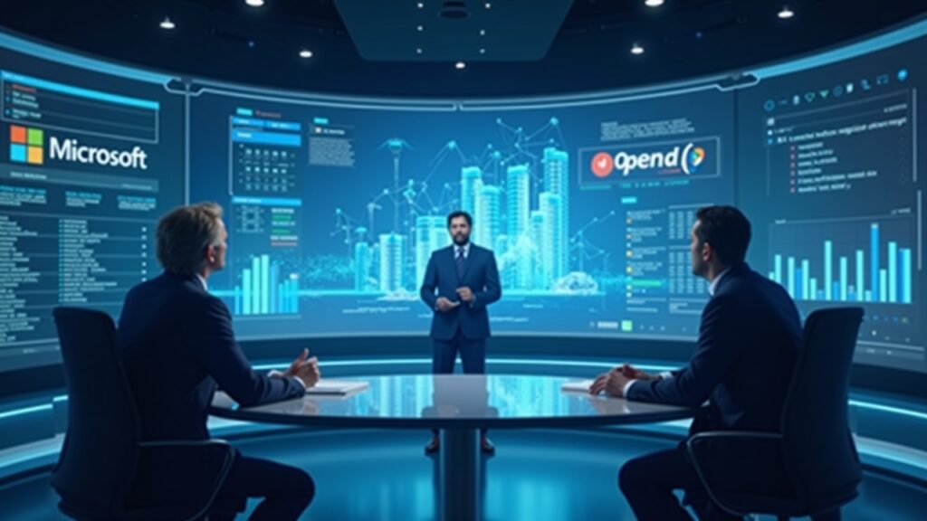 Analista en sala de noticias con gráfico holográfico de Microsoft/OpenAI y centros Azure al fondo, frente a presión regulatoria.