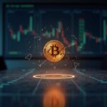Sala de juntas realista con holograma de Bitcoin sobre un balance digital y un icono de pausa, señalando la pausa de compras de BTC por Strategy.