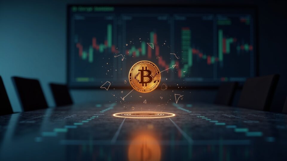 Sala de juntas realista con holograma de Bitcoin sobre un balance digital y un icono de pausa, señalando la pausa de compras de BTC por Strategy.