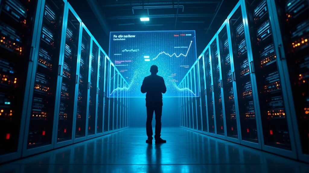 Centro de datos de minería con ASICs, iluminación dramática y gráficos holográficos de dificultad al alza y hashprice bajo