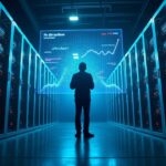 Centro de datos de minería con ASICs, iluminación dramática y gráficos holográficos de dificultad al alza y hashprice bajo