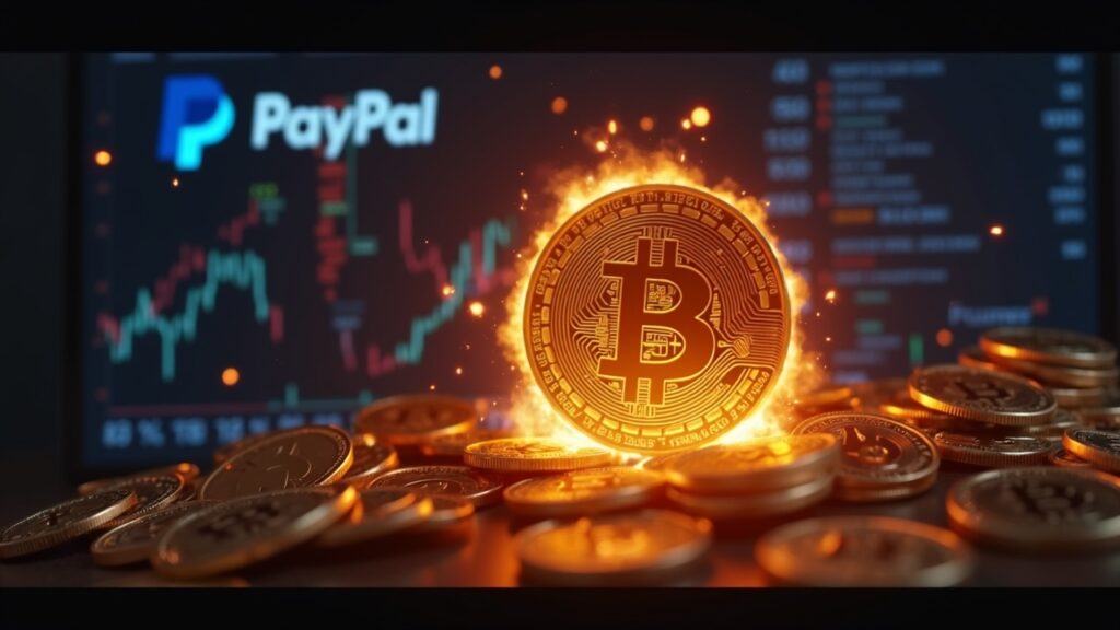 Escena fotorrealista de tablero mint/burn con logotipos de Paxos y PayPal, fichas quemándose a cero para ilustrar un error de $300 trillones.