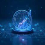 Holograma del token MNT con gráfico de precios ascendente, RSI y paneles de interés abierto, fondo azul de red blockchain.