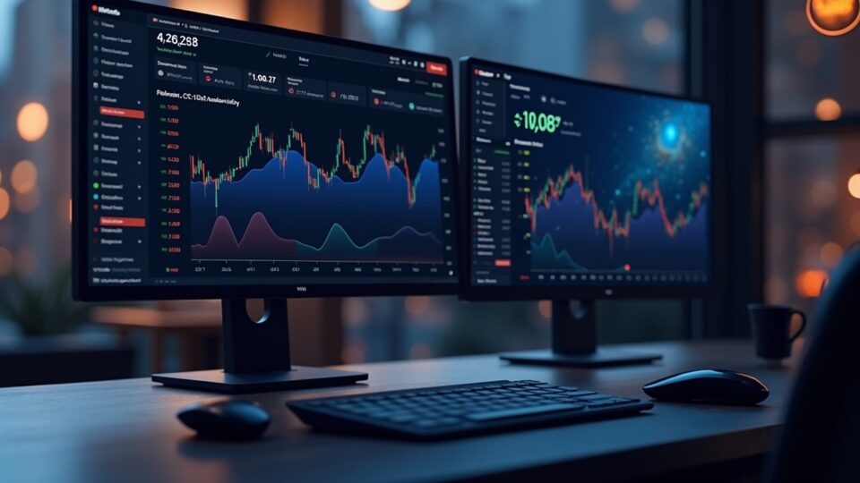 Mesa de trading cripto con interfaz MON-USD perpetuals y resplandor del airdrop Monad al fondo.